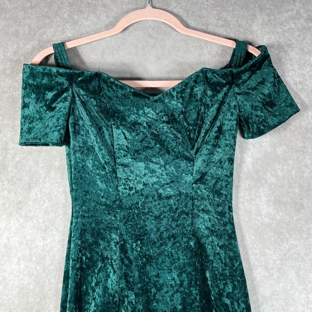 Vintage Marnie West Dress Womens Small Green Crushed Velvet Off Shoulder 80s 90s - Picture 2 of 8